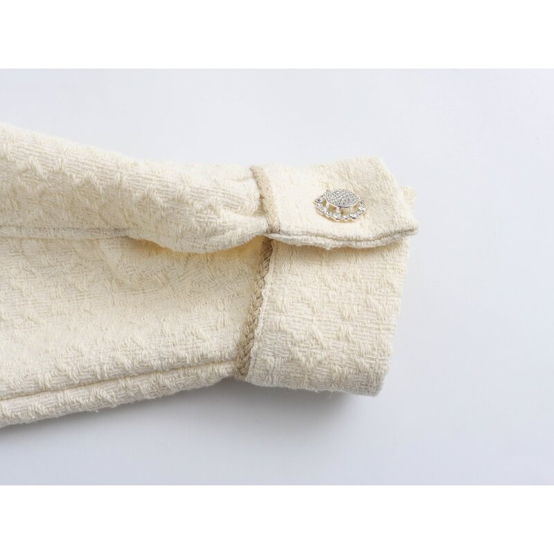 Women's Tweed Jacket Manufacturer - Front Pockets Single Breasted Beige Turn Down Collar