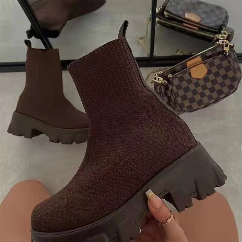 Women's Ankle Boots Manufacturer - Winter Solid Color Knitted High Sole Couple Socks