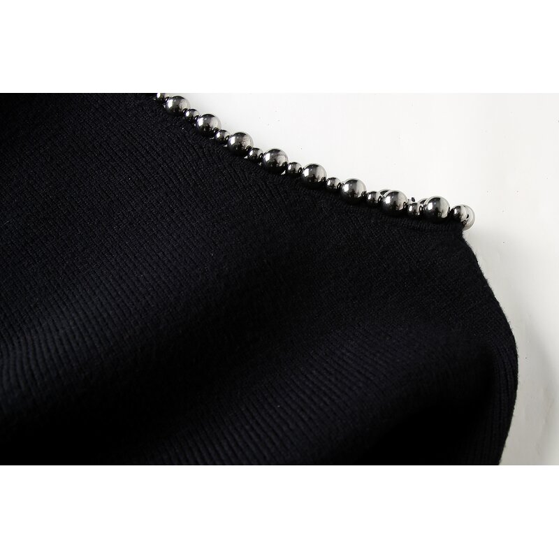 Women's Knitted Sweater Manufacturer - Black Beading Asymmetrical Design Long Sleeve