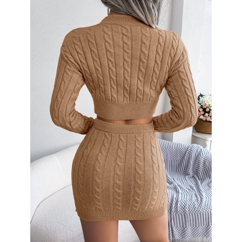 Women's Sweater Set Manufacturer - Knitted Warm Winter Two Piece Skirt Set Ready to Ship
