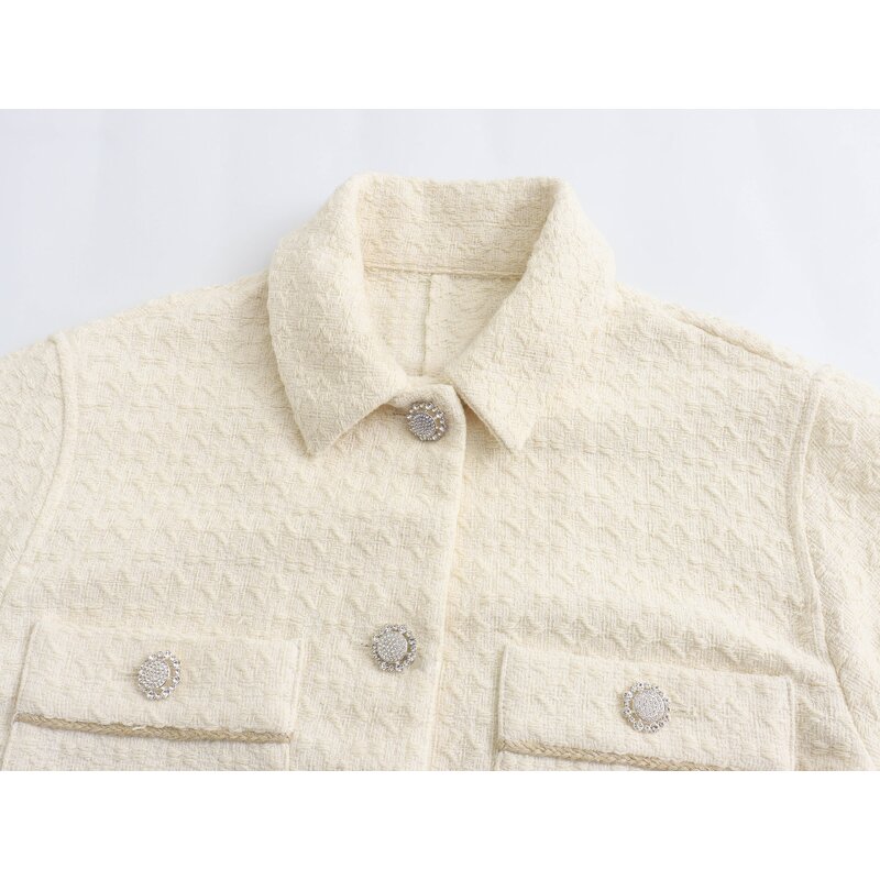 Women's Tweed Jacket Manufacturer - Front Pockets Single Breasted Beige Turn Down Collar