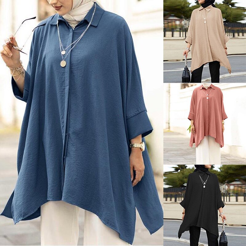 Muslim Blouse Manufacturer - Wholesale Cheap Malaysia Solid Color Pleated Long Sleeve