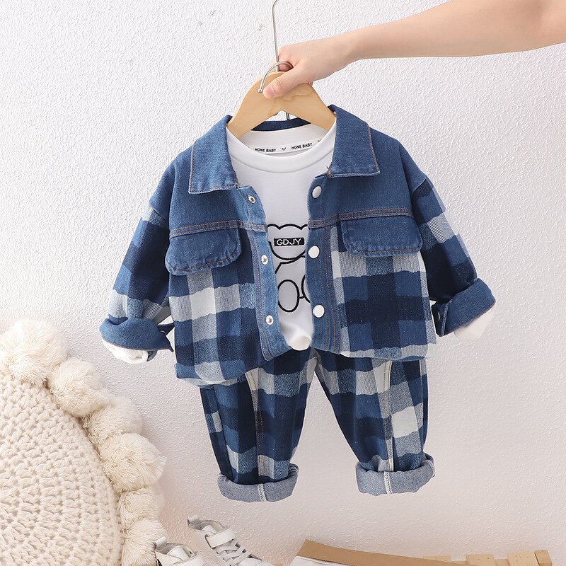 Boys Clothing Set Manufacturer - 2024 Spring Autumn Bear T Shirt Jacket Pants 3Pcs