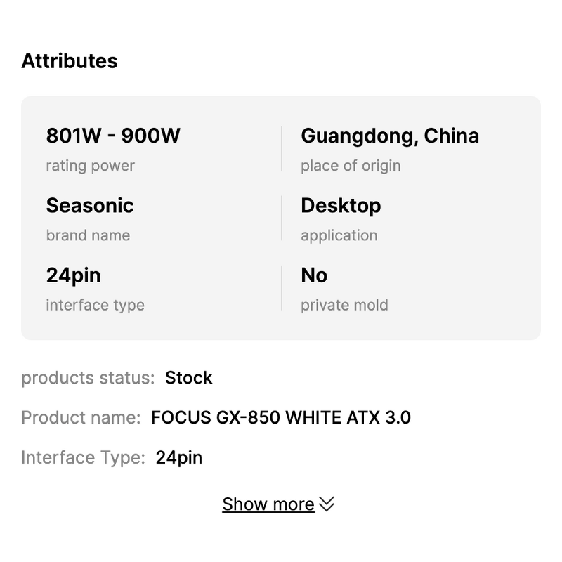 Power Supply Manufacturer - Seasonic FOCUS-GX-850 850W 80+Gold Modular 12VHPWR Gaming PSU