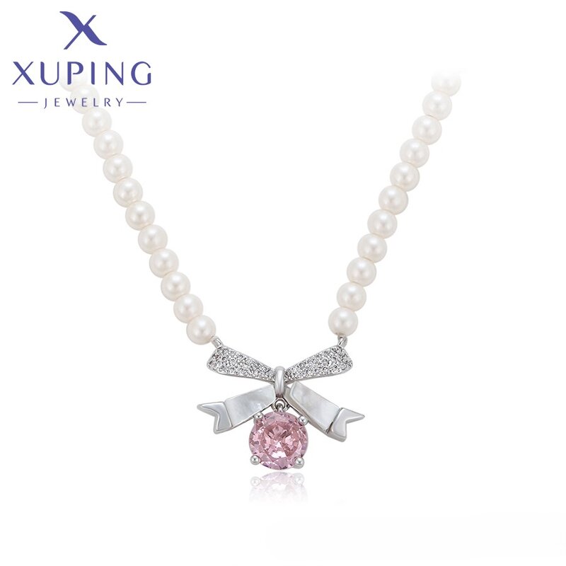 Women Necklace Manufacturer - XUPING X000967192 Pink Ribbon Bow Pearl Beaded