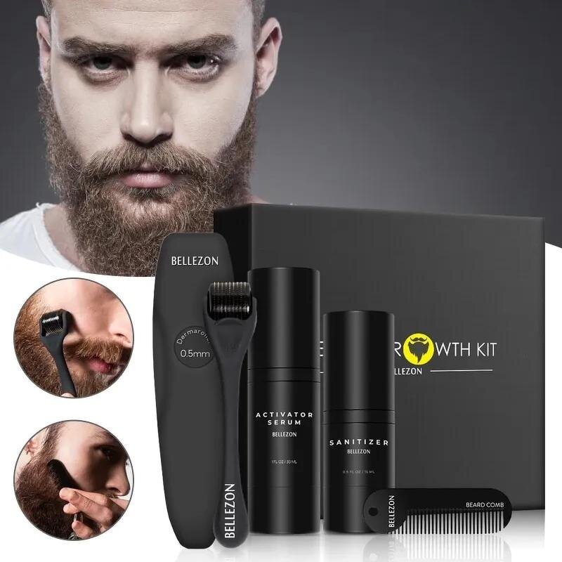 Beard Growth Kit Manufacturer - Bellezon Private Label 4Pcs Facial Hair Liquid and Roller