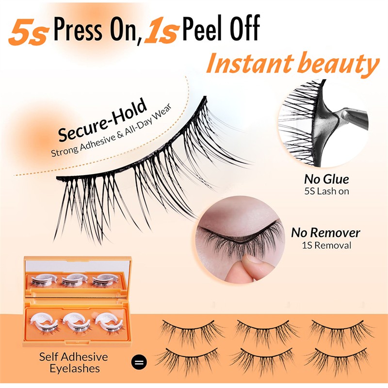 Self-adhesive Eyelashes Supplier - OEM 3 Pairs Natural-looking Thick Wavy Easy-remove