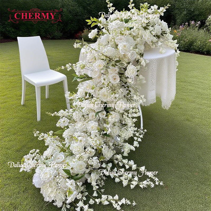 Artificial Flower Runner Manufacturer - OEM Dalian Chermy Table Centerpiece White Red Rose Silk Row Aisle