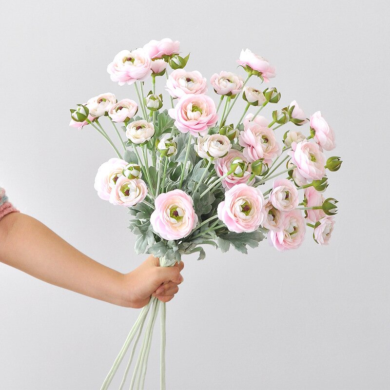 Artificial Ranunculus Manufacturer - TH1497 Wholesale High End Simulation 6 Heads Silk White Pink Mini