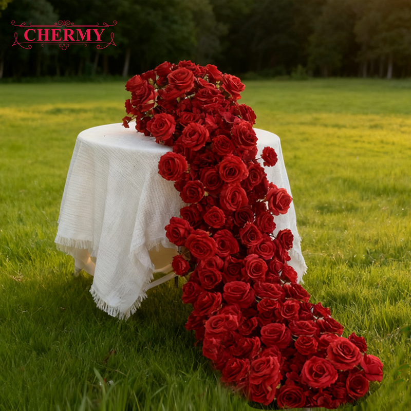 Artificial Flower Runner Manufacturer - OEM Dalian Chermy Table Centerpiece White Red Rose Silk Row Aisle