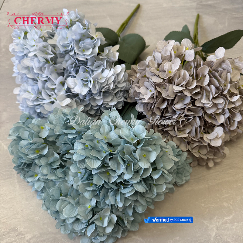 Artificial Hydrangea Manufacturer - CM-DC064 Dalian Chermy Wholesale 5 Heads Large Silk Dusty Blue