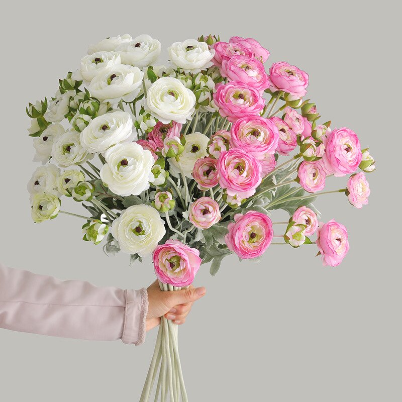 Artificial Ranunculus Manufacturer - TH1497 Wholesale High End Simulation 6 Heads Silk White Pink Mini