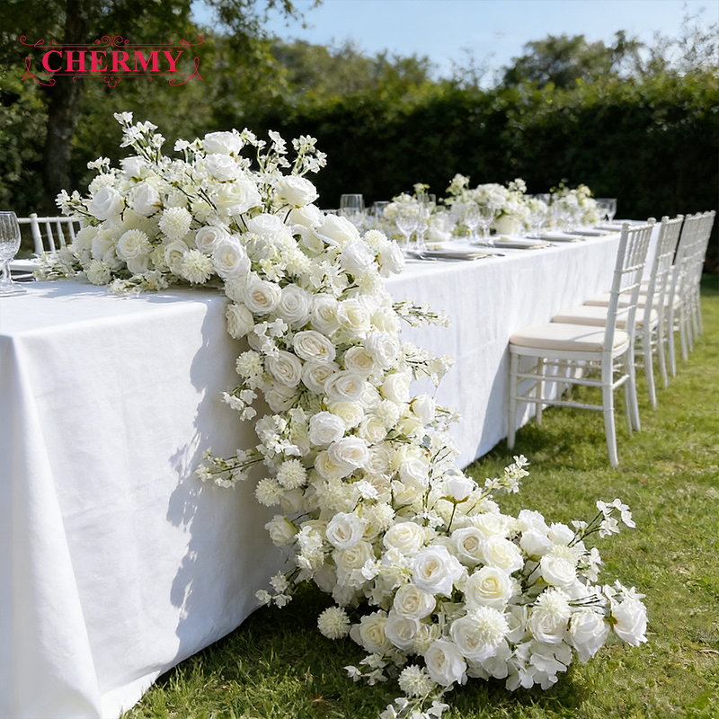 Artificial Floral Garland Manufacturer - Luxury White Rose Babysbreath High-Density Silk for Wedding Table & Staircase