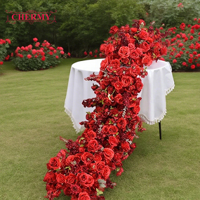 Artificial Silk Flower Runner Manufacturer - Dalian Chermy Custom Aisle Red Rose Table Flower for Wedding