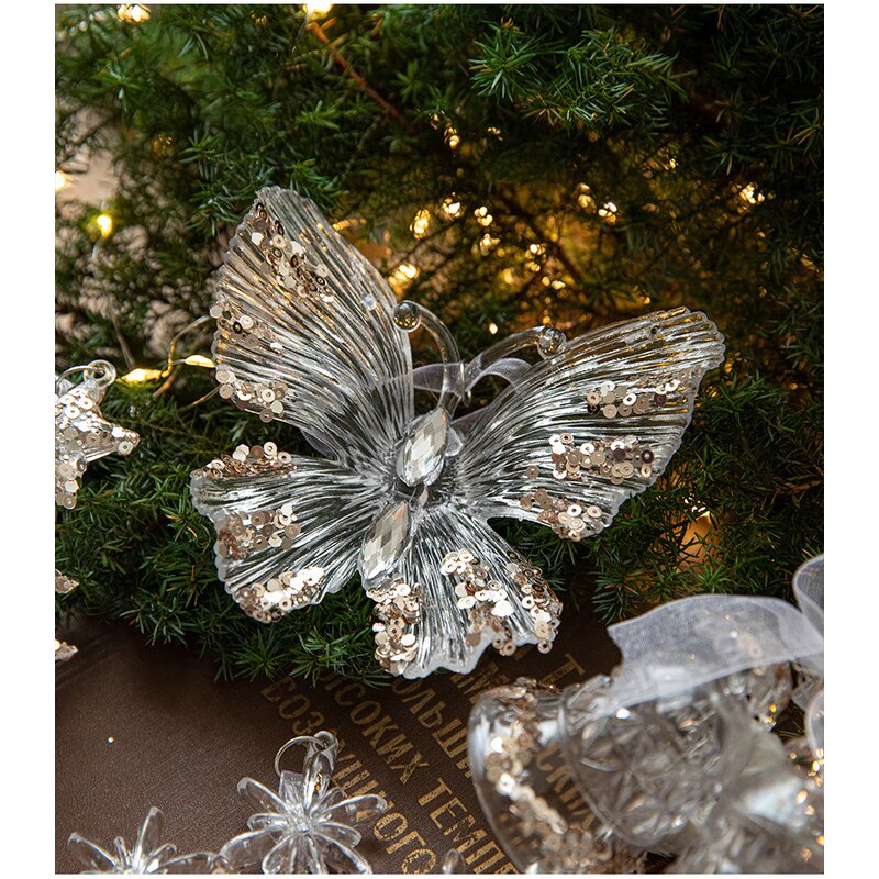 Acrylic Christmas Ornament Manufacturer - Luxury Xmas Elk Bells Angel Wings Transparent Snowflake Pendant