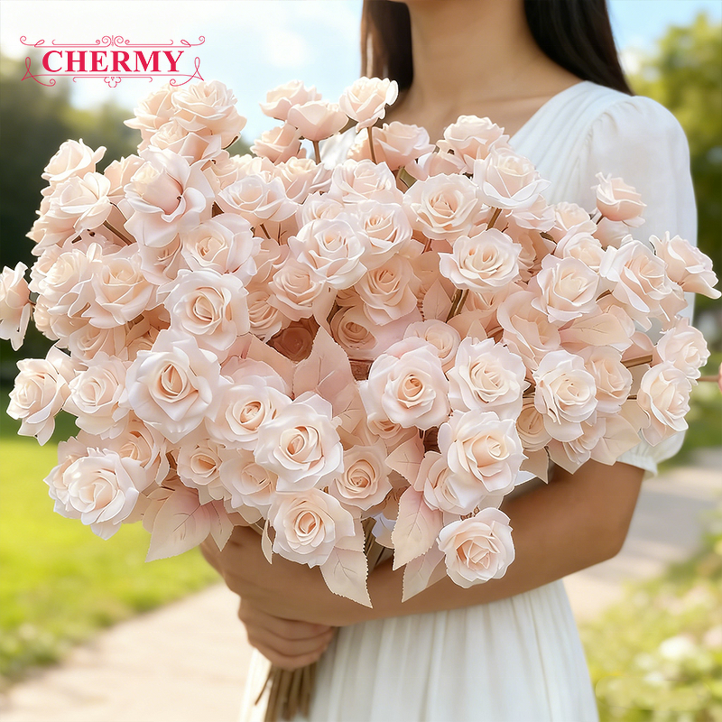 Artificial Rose Manufacturer - Dalian Chermy Factory Price 5-Head White Silk for Wedding Decor