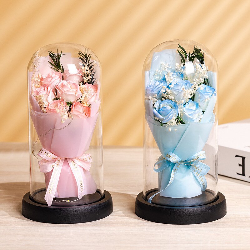 Soap Rose Flower Manufacturer - Valentine's Day 2024 Dried Baby Breath Bouquet in Glass with Led Light