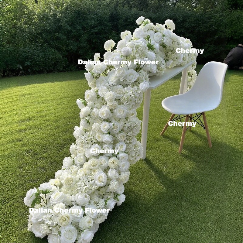 Artificial Silk Flower Runner Manufacturer - Dalian Chermy Rose Hydrangea 200cm White Red for Wedding Table