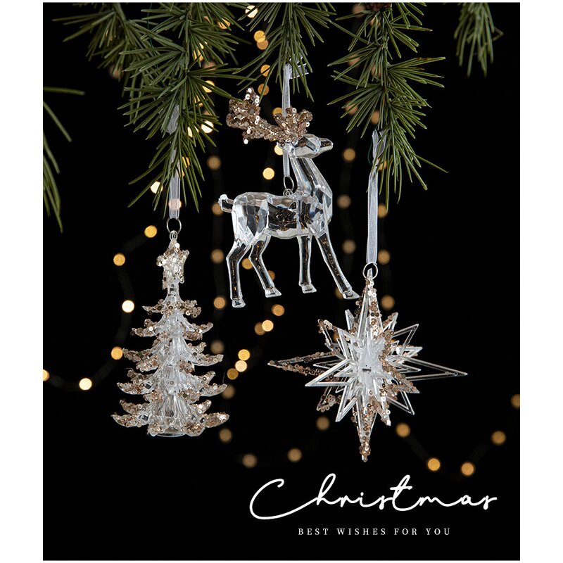 Acrylic Christmas Ornament Manufacturer - Luxury Xmas Elk Bells Angel Wings Transparent Snowflake Pendant