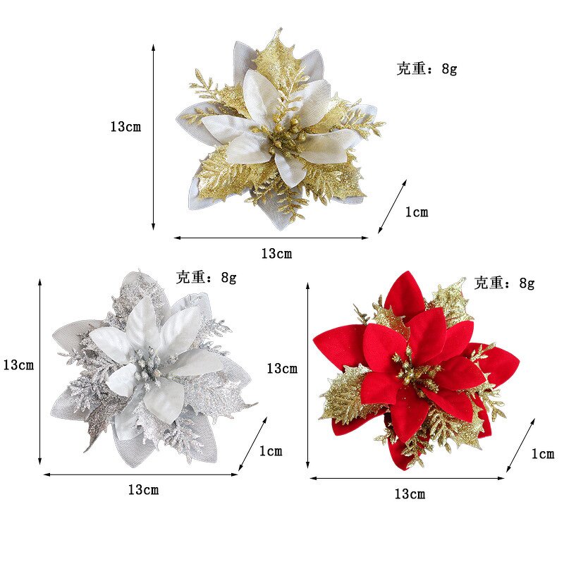 Artificial Poinsettia Flower Manufacturer - Red Gold Silver Glitter for Christmas Tree Ornaments