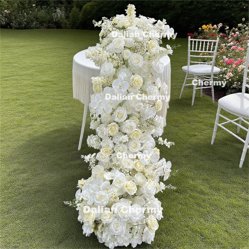 Artificial Flower Runner Manufacturer - OEM Dalian Chermy Table Centerpiece White Red Rose Silk Row Aisle