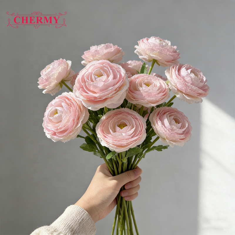 Artificial Ranunculus Manufacturer - Dalian Chermy DC014 3-Heads White Silk for Wedding Decor