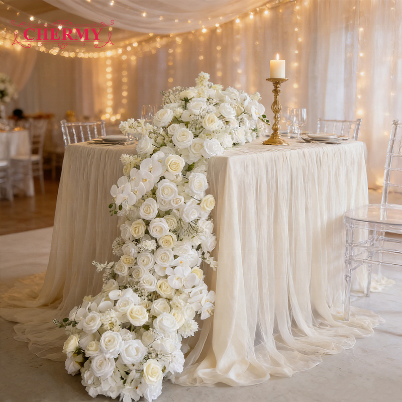 Artificial Floral Garland Manufacturer - Luxury White Rose Babysbreath High-Density Silk for Wedding Table & Staircase