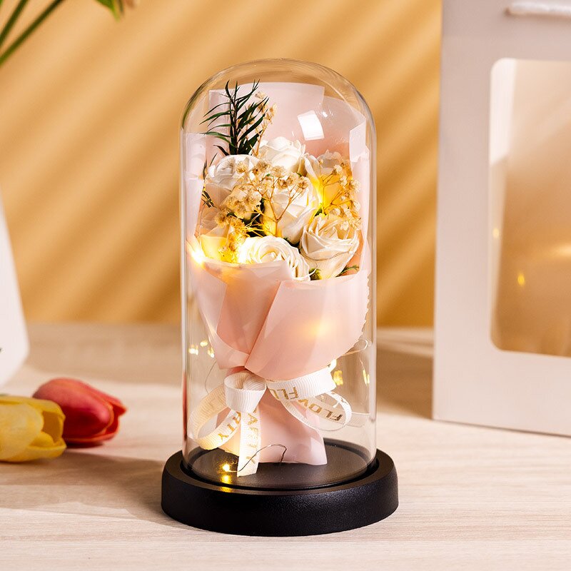 Soap Rose Flower Manufacturer - Valentine's Day 2024 Dried Baby Breath Bouquet in Glass with Led Light