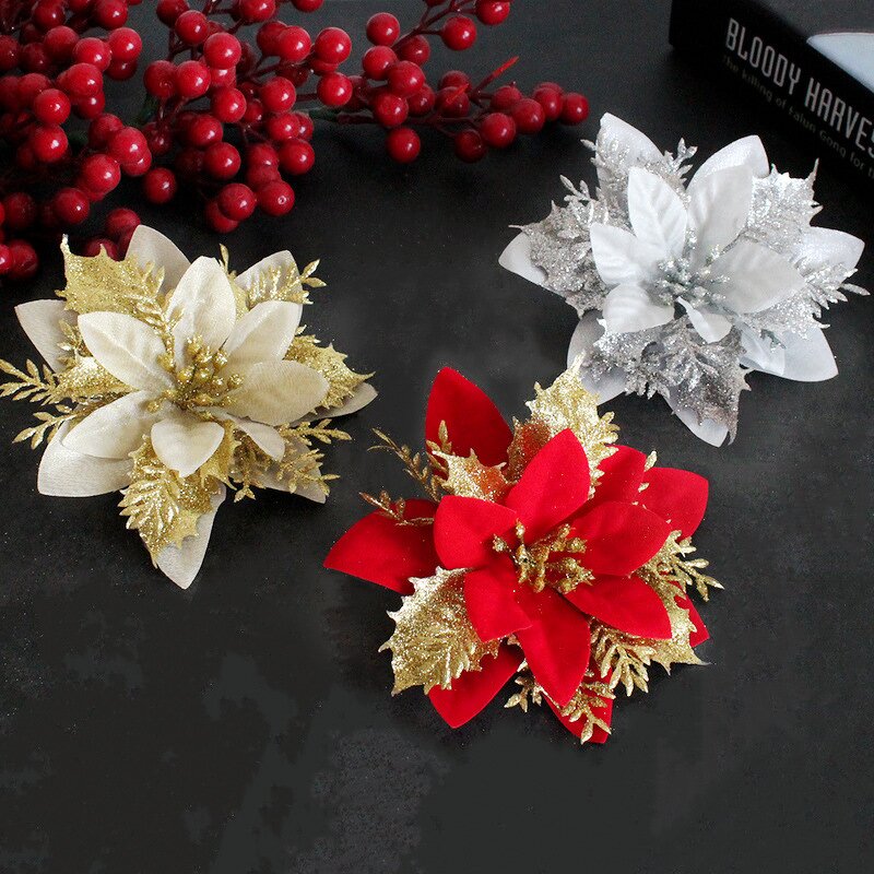 Artificial Poinsettia Flower Manufacturer - Red Gold Silver Glitter for Christmas Tree Ornaments