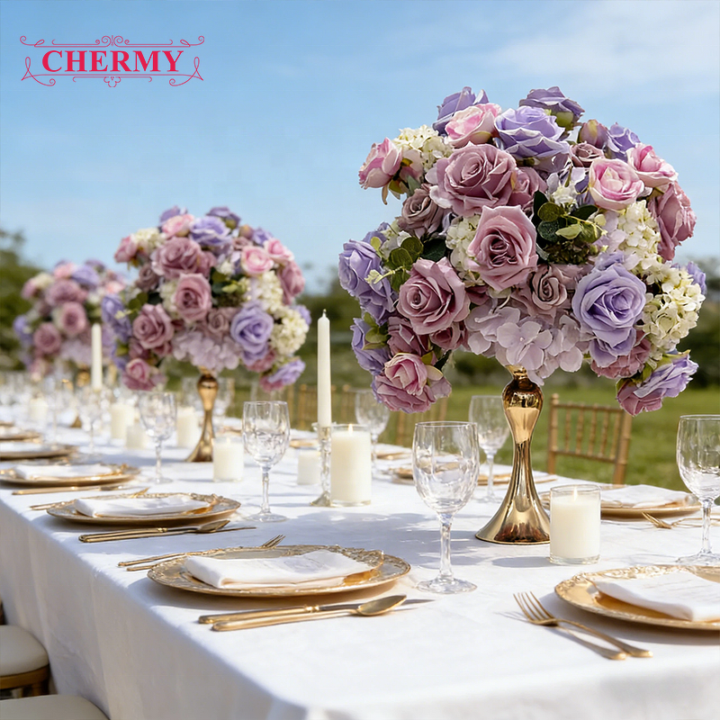 Artificial Flower Ball Manufacturer - Dalian Chermy Wedding Centerpieces Silk Rose Purple