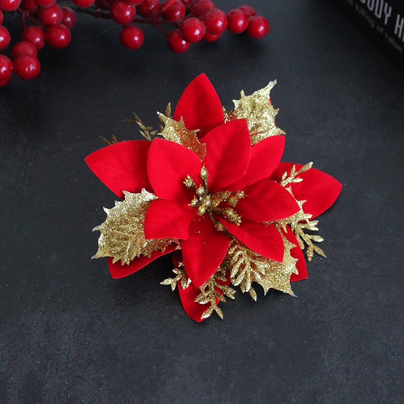 Artificial Poinsettia Flower Manufacturer - Red Gold Silver Glitter for Christmas Tree Ornaments
