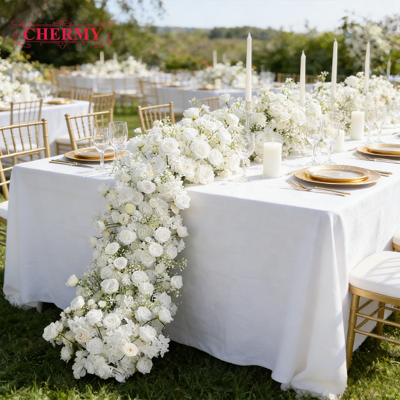 Artificial Floral Garland Manufacturer - Luxury White Rose Babysbreath High-Density Silk for Wedding Table & Staircase