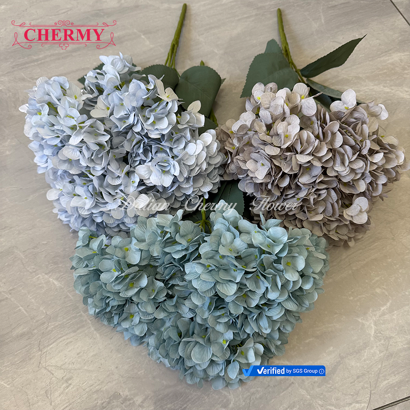 Artificial Hydrangea Manufacturer - CM-DC064 Dalian Chermy Wholesale 5 Heads Large Silk Dusty Blue