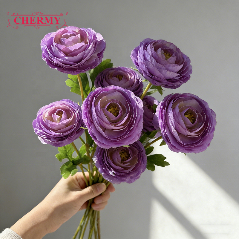 Artificial Ranunculus Manufacturer - Dalian Chermy DC014 3-Heads White Silk for Wedding Decor