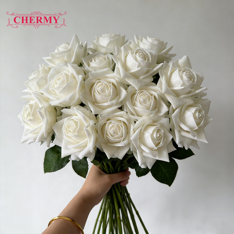 Artificial Rose Manufacturer - Dalian Chermy New Arrival Real Touch White Latex Medium Size