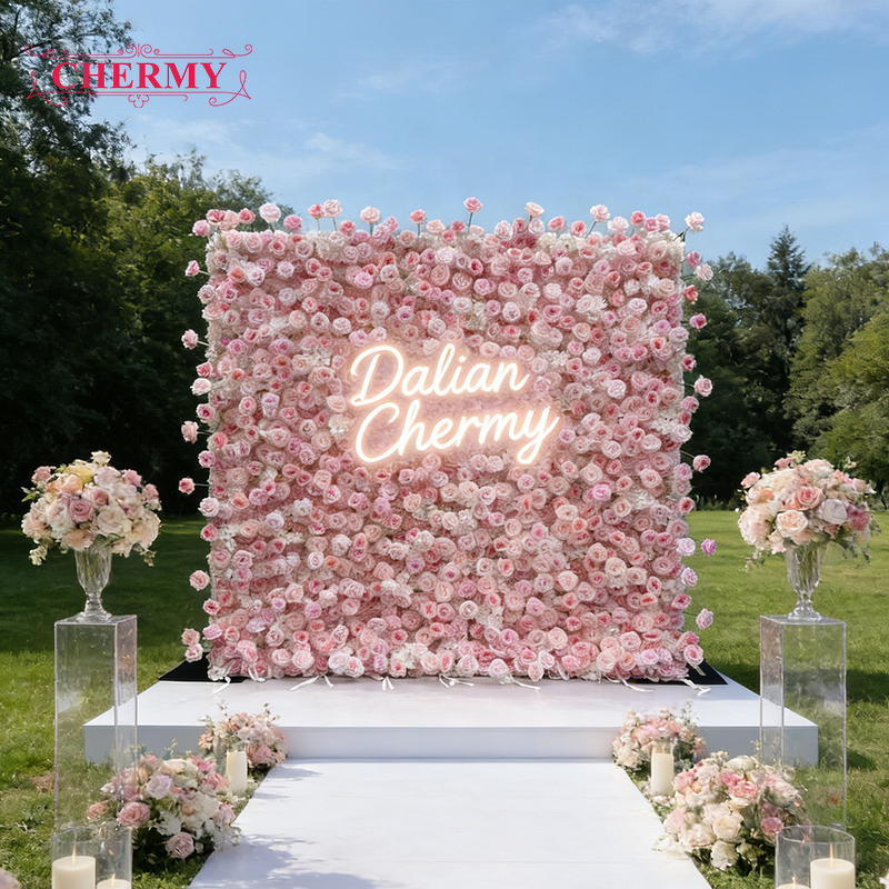 Artificial Flower Wall Backdrop Manufacturer - Wholesale Pink 8ft X 8ft Roll up Rose Wall Panel