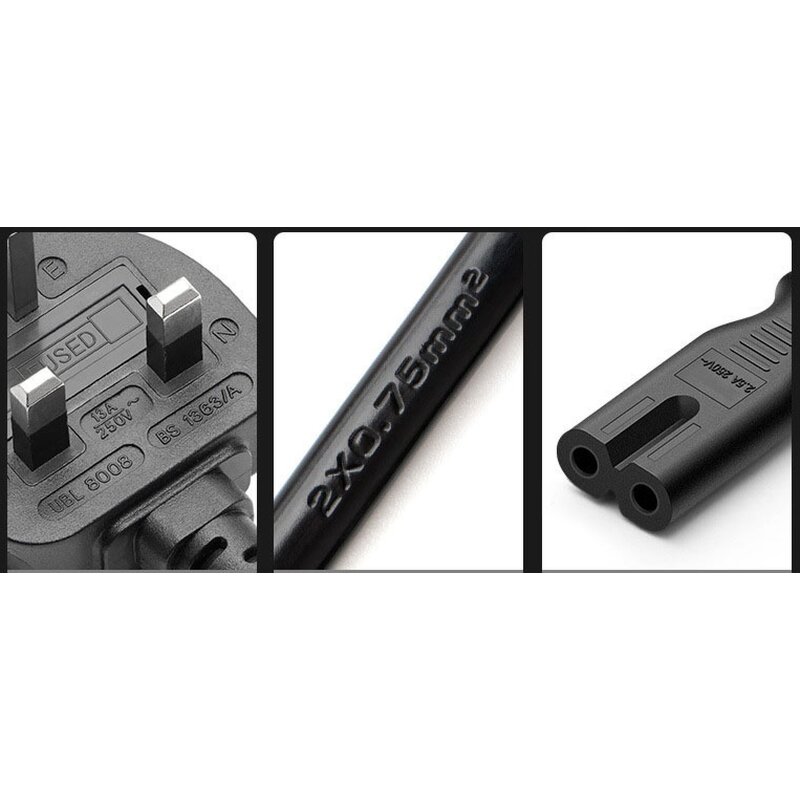 Power Cord - BS Certified 0.75mm² British Stand Pure Copper - 8 Shape Tail Lamp 2 Core Plug