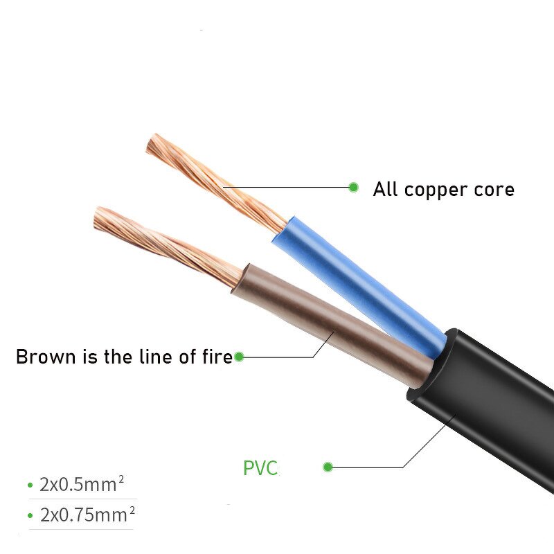 Power Cord - BS Certified 0.75mm² British Stand Pure Copper - 8 Shape Tail Lamp 2 Core Plug
