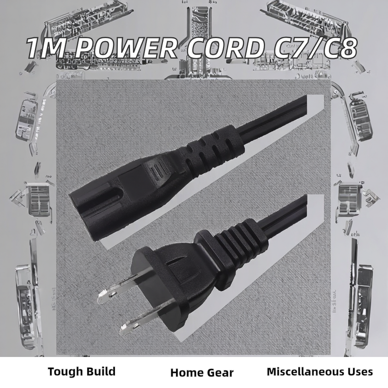 Power Cord - 1M Figure-8 C7 IEC Connector - 15A Capacity IP20 - Home Appliance Industrial Equipment