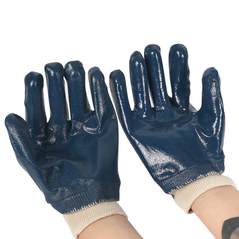 Work Gloves Manufacturer - Blue Nitrile Fully Coated with Safety Canvas Cuff Jersey Liner Smooth Surface