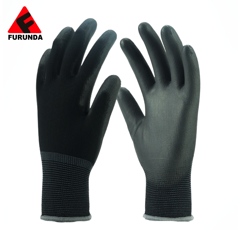 Working Gloves Manufacturer - Black 13 Gauge PU Coated Palm Coated-Polyester Elastic Knitted Cuff Custom Logo