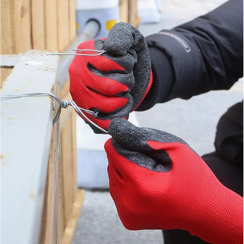 Work Gloves Manufacturer - 13 Gauge Latex Rubber Coated Wrinkle Palm Red Polyester Black Latex