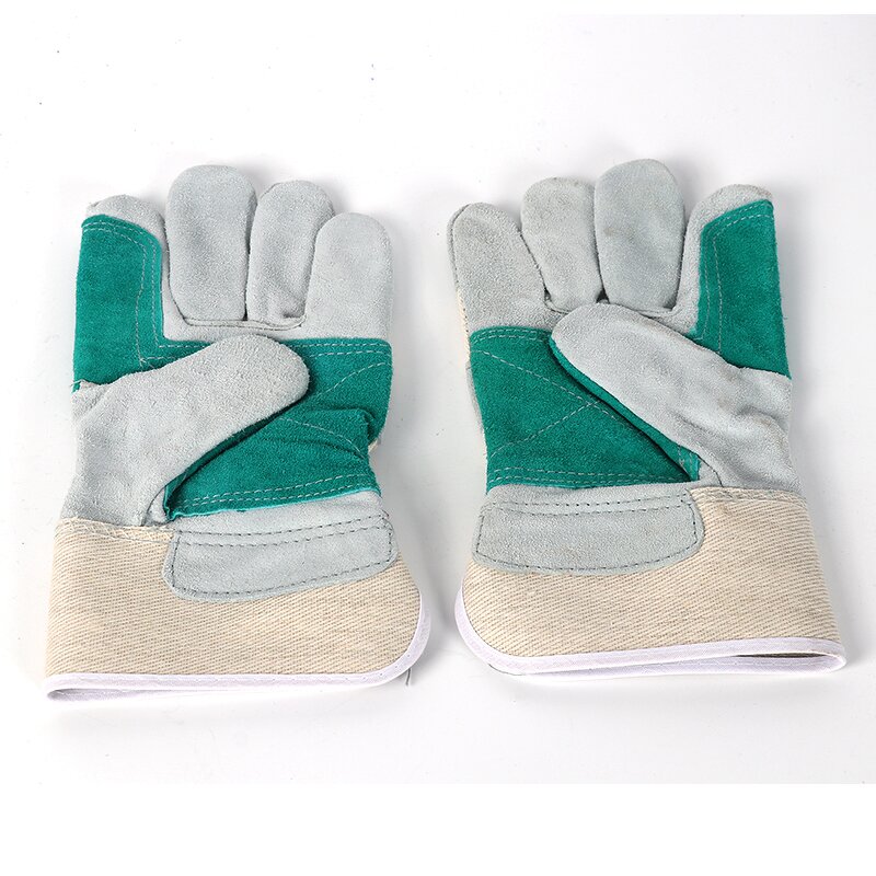 Work Gloves Manufacturer - White Green Coloured Cowhide with Reinforced Palms Safety Cuff for Mining Work Sites