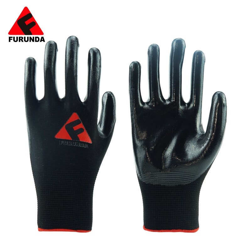 Work Gloves Manufacturer - Black Nylon Polyester Coated Oil Nitrile Palm Coated Anti Oil for Mechanic Construction