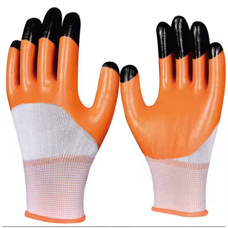 Safety Work Gloves Manufacturer - 13Gauge Polyester Shell Orange and Black Nitrile Coated