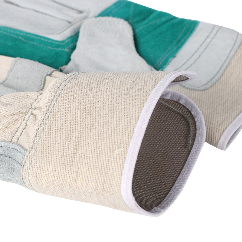 Work Gloves Manufacturer - White Green Coloured Cowhide with Reinforced Palms Safety Cuff for Mining Work Sites