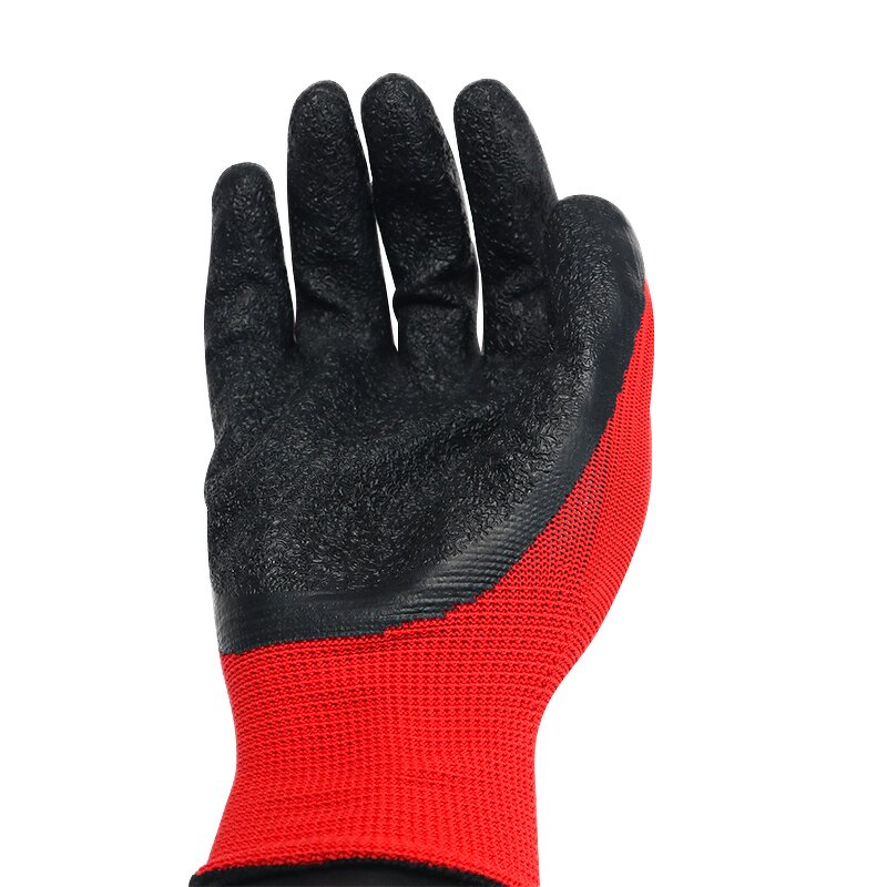Work Gloves Manufacturer - Non-Slip Thin Red Polyester Core Black Latex Wrinkled Dipped Waterproof for Safety