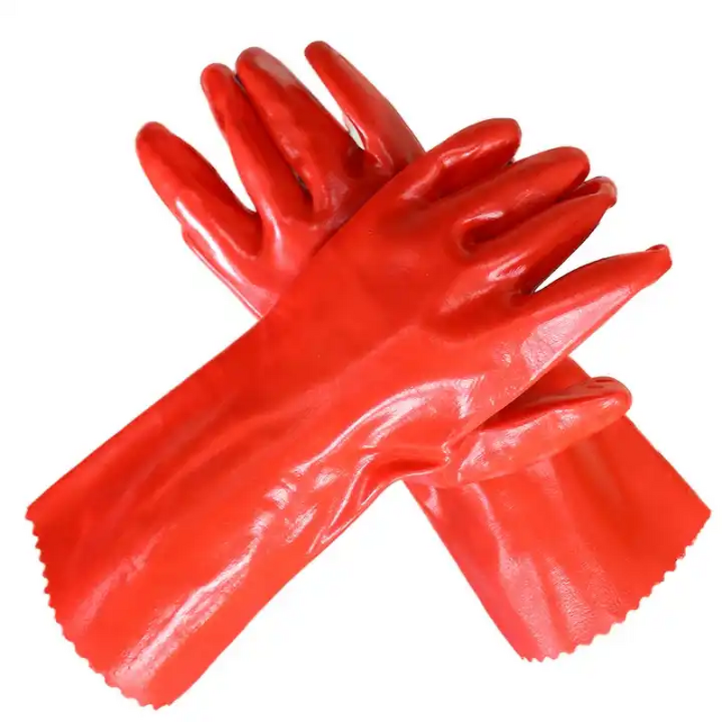 Work Gloves Manufacturer - 35 cm Long Gauntlet Fully Dipped Red Pvc Waterproof Oil Chemical Resistant Industrial