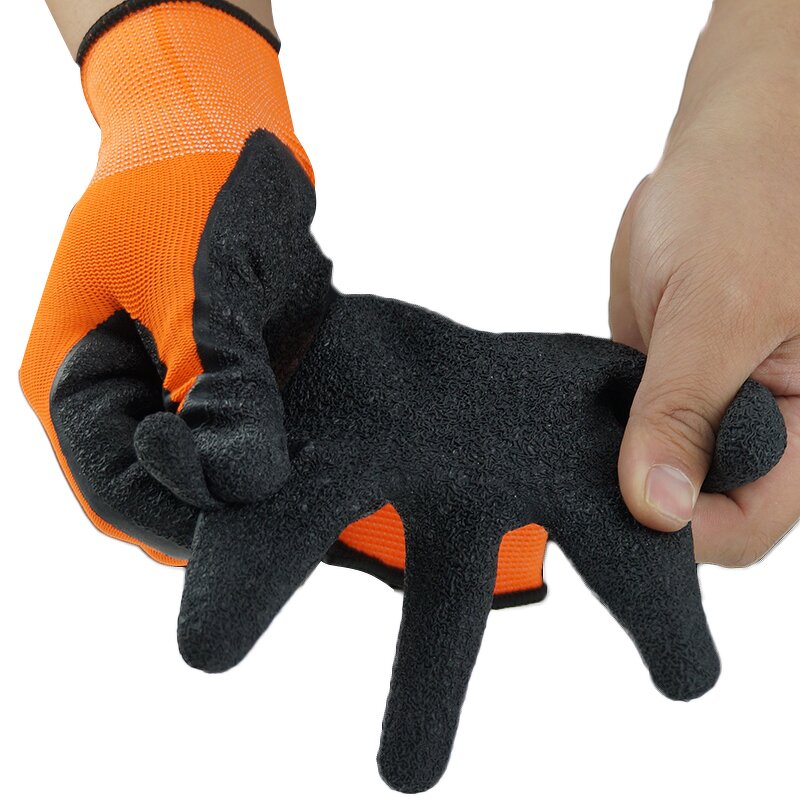 Work Gloves Manufacturer - Non-Slip Thin Red Polyester Core Black Latex Wrinkled Dipped Waterproof for Safety