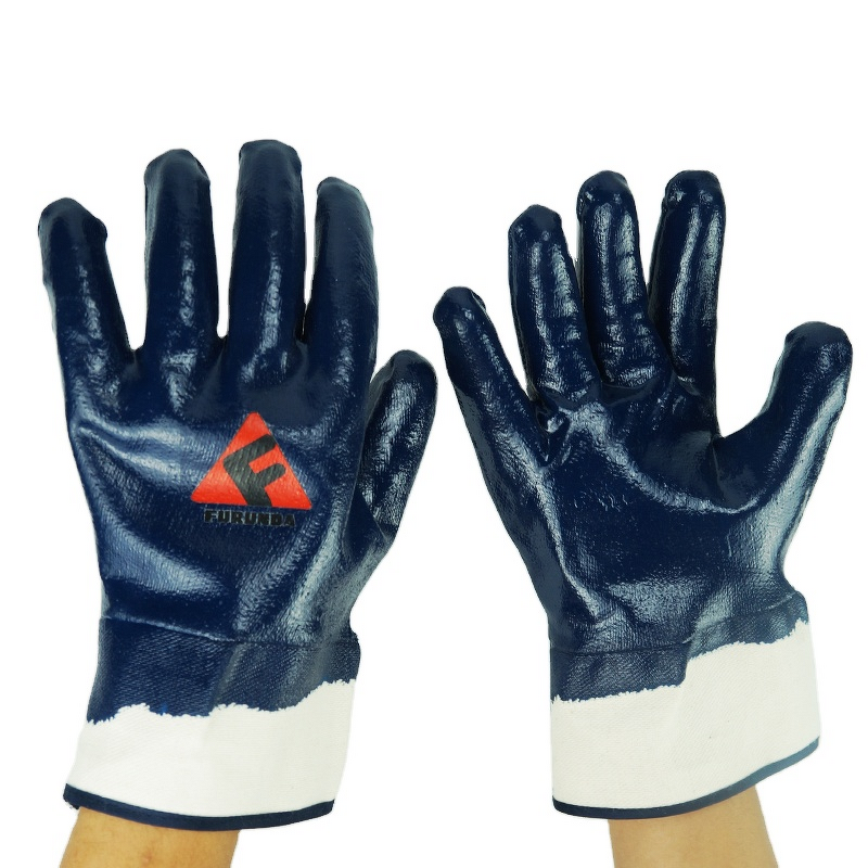 Work Gloves Manufacturer - FURUNDA FRDN1104 Blue Nitrile Fully Coated Heavy Duty Canvas Cuff Smooth Grip